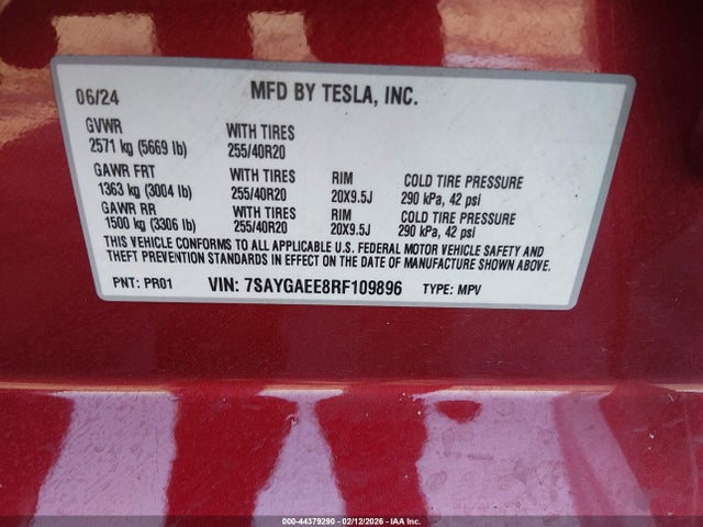44379290 :رقم المزاد ، 7SAYGAEE8RF109896 vin ، 2024 Tesla Model Y Long Range Dual Motor All-wheel Drive مزاد بيع