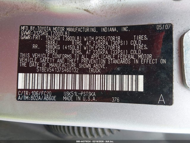 2007 Toyota Tundra Sr5 5.7l V8 მანქანა იყიდება აუქციონზე, vin: 5TBEV54137S460132, აუქციონის ნომერი: 44379324