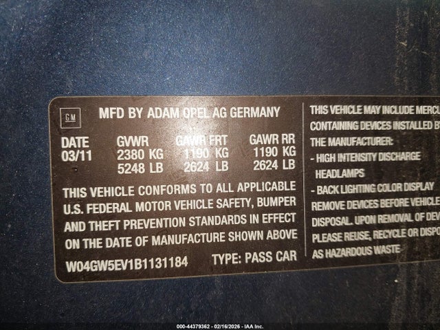 Aukcja sprzedaży 2011 Buick Regal Cxl Turbo Russelsheim, vin: W04GW5EV1B1131184, numer aukcji: 44379362