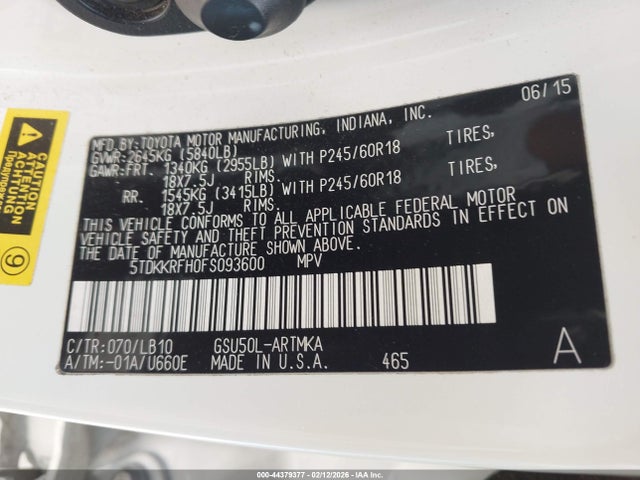 5TDKKRFH0FS093600 Toyota Highlander Xle V6