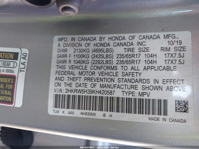 2HKRW5H39KH420587 Honda CR-V LX