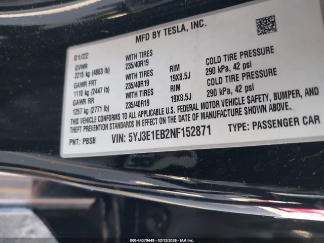 Продажа на аукционе авто 2022 Tesla Model 3 Long Range Dual Motor All-wheel Drive, vin: 5YJ3E1EB2NF152871, номер лота: 44379449