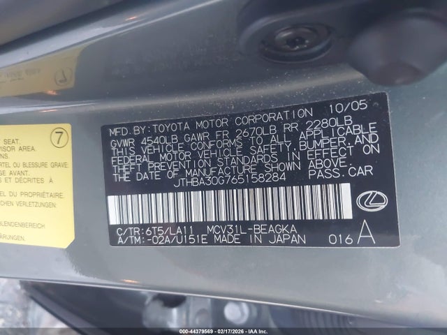 Продажа на аукционе авто 2006 Lexus Es 330, vin: JTHBA30G765158284, номер лота: 44379569