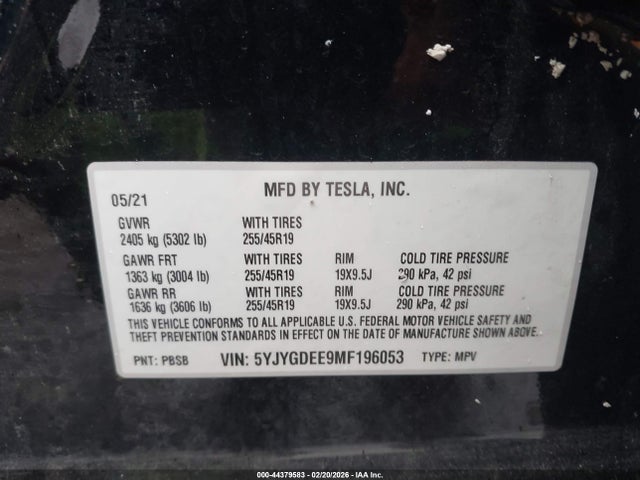 2021 TESLA MODEL Y 5YJYGDEE9MF196053 Photo 8