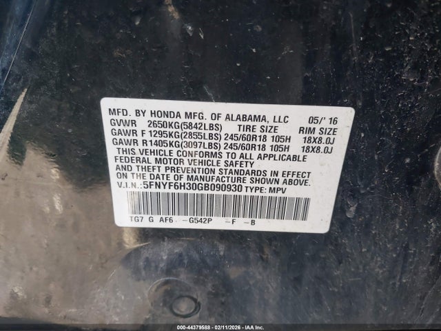 5FNYF6H30GB090930 Honda Pilot Ex