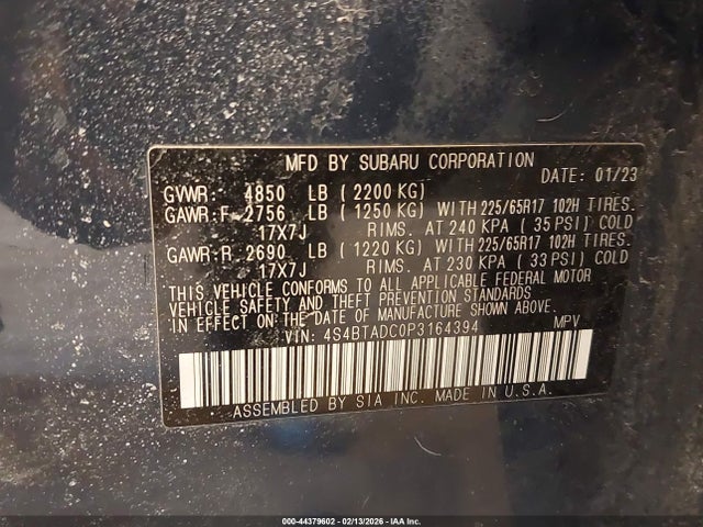 Продаж на аукціоні авто 2023 Subaru Outback Premium, vin: 4S4BTADC0P3164394, номер лоту: 44379602
