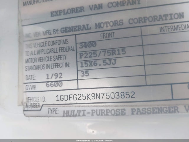 1992 GMC RALLY WAGON / VAN 1GDEG25K9N7503852 Photo 8