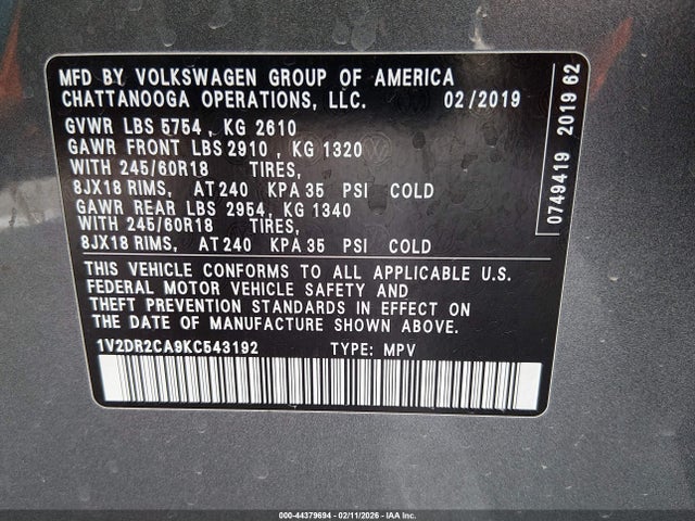 1V2DR2CA9KC543192 Volkswagen Atlas 3.6l V6 Se