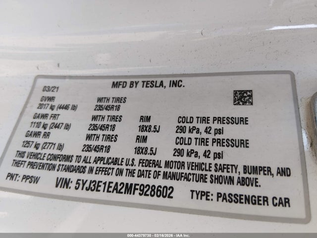 2021 TESLA MODEL 3 5YJ3E1EA2MF928602 Photo 8