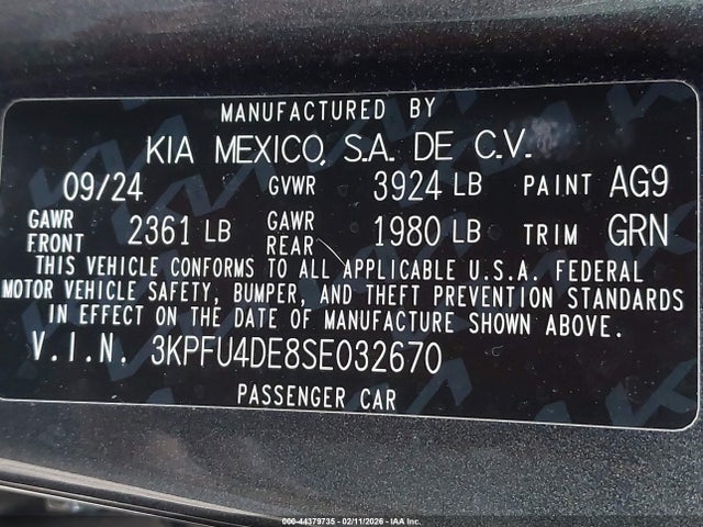 44379735 :رقم المزاد ، 3KPFU4DE8SE032670 vin ، 2025 Kia K4 Ex مزاد بيع