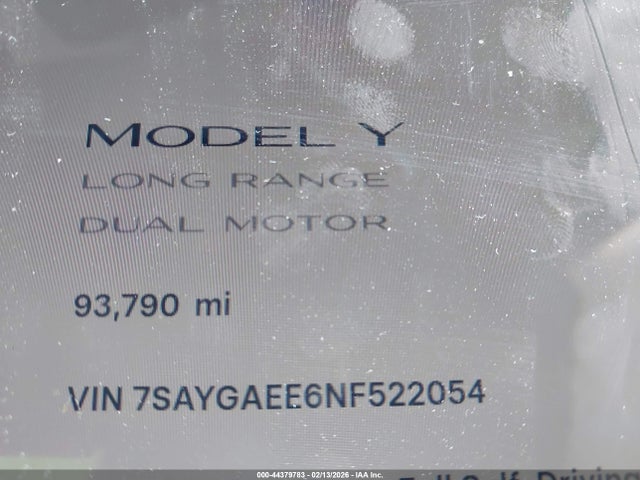 44379783 :رقم المزاد ، 7SAYGAEE6NF522054 vin ، 2022 Tesla Model Y Long Range Dual Motor All-wheel Drive مزاد بيع