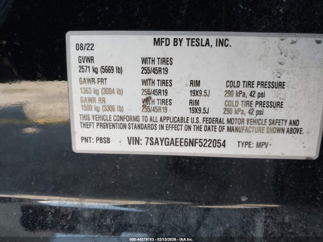 44379783 :رقم المزاد ، 7SAYGAEE6NF522054 vin ، 2022 Tesla Model Y Long Range Dual Motor All-wheel Drive مزاد بيع