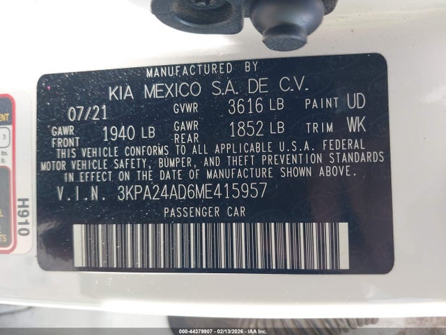 Aukcja sprzedaży 2021 Kia Rio S, vin: 3KPA24AD6ME415957, numer aukcji: 44379907