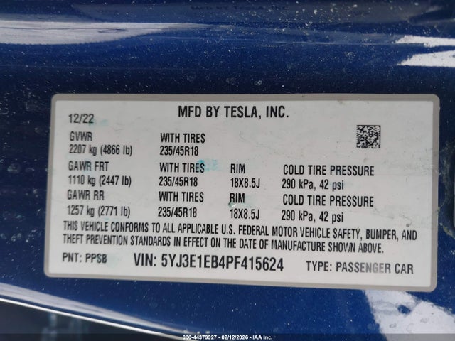 Aukcja sprzedaży 2023 Tesla Model 3 Long Range Dual Motor All-wheel Drive, vin: 5YJ3E1EB4PF415624, numer aukcji: 44379927