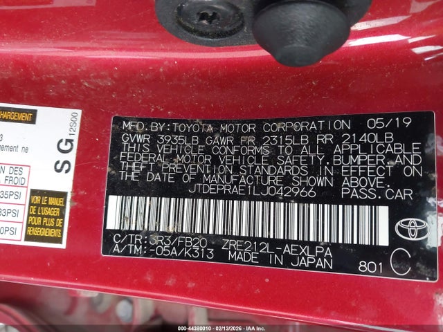JTDEPRAE1LJ042966 Toyota COROLLA LE