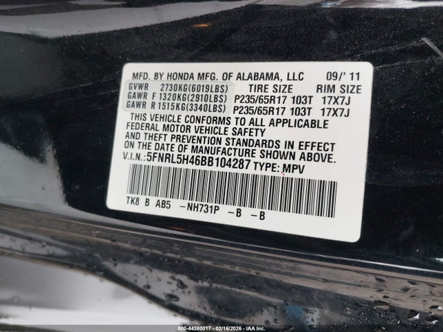 2011 HONDA ODYSSEY 5FNRL5H46BB104287 Photo 8