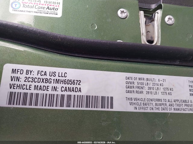 2C3CDXBG1MH605672 Dodge Charger Sxt Rwd
