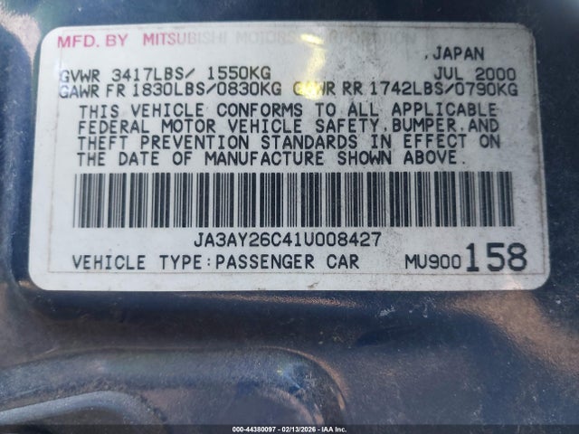 2001 MITSUBISHI MIRAGE JA3AY26C41U008427 Photo 8