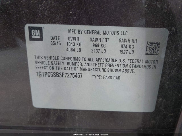 1G1PC5SB3F7275467 Chevrolet Cruze 1lt Auto