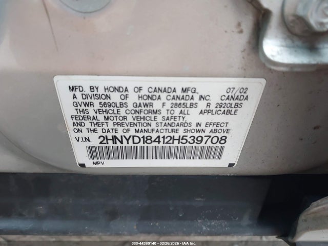 44380140 :رقم المزاد ، 2HNYD18412H539708 vin ، 2002 Acura Mdx مزاد بيع