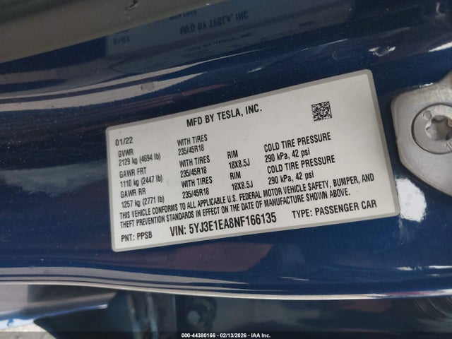 2022 TESLA MODEL 3 5YJ3E1EA8NF166135 Photo 8