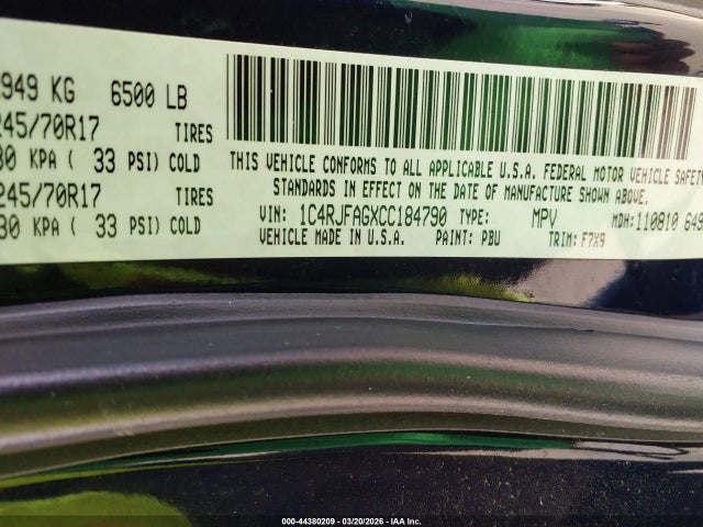44380209 :رقم المزاد ، 1C4RJFAGXCC184790 vin ، 2012 Jeep Grand Cherokee Laredo مزاد بيع