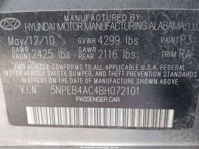 Aukcja sprzedaży 2011 Hyundai Sonata Gls, vin: 5NPEB4AC4BH072101, numer aukcji: 44380259