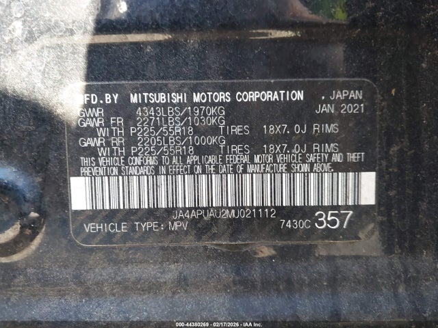 Aukcja sprzedaży 2021 Mitsubishi Outlander Sport 2.0 Be 2wd/2.0 Es 2wd/2.0 Le 2wd/2.0 S 2wd, vin: JA4APUAU2MU021112, numer aukcji: 44380269