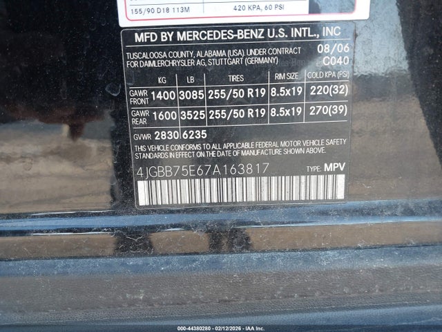Aukcja sprzedaży 2007 Mercedes-benz Ml 500, vin: 4JGBB75E67A163817, numer aukcji: 44380280