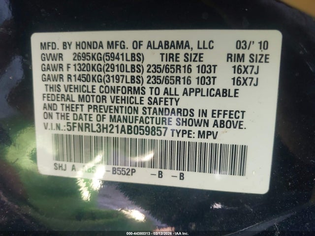 Продажа на аукционе авто 2010 Honda Odyssey Lx, vin: 5FNRL3H21AB059857, номер лота: 44380313