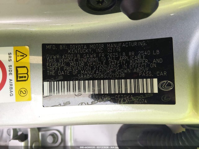 44380320 :رقم المزاد ، 58ABK1GG8GU011038 vin ، 2016 Lexus Es 350 مزاد بيع