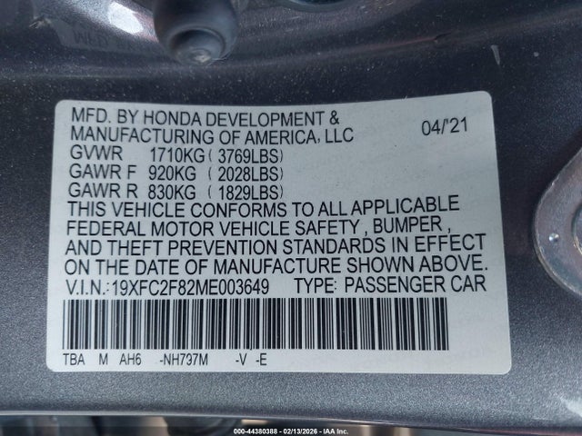 44380388 :رقم المزاد ، 19XFC2F82ME003649 vin ، 2021 Honda Civic Sport مزاد بيع