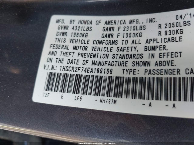 Honda ACCORD EX 2014 1HGCR2F74EA199169 Image 9