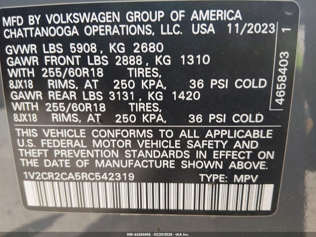 44380408 :رقم المزاد ، 1V2CR2CA5RC542319 vin ، 2024 Volkswagen Atlas 2.0t Peak Edition Se W/technology مزاد بيع