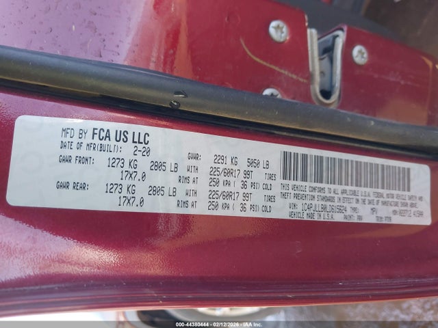 44380444 :رقم المزاد ، 1C4PJLLB0LD615624 vin ، 2020 Jeep Cherokee Latitude Plus Fwd مزاد بيع