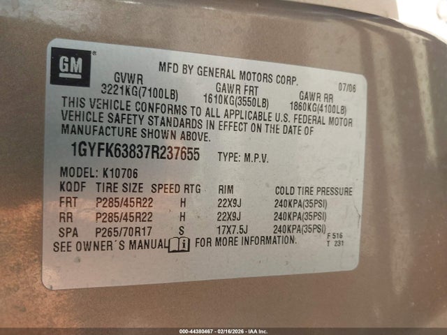 2007 CADILLAC ESCALADE 1GYFK63837R237655 Photo 8