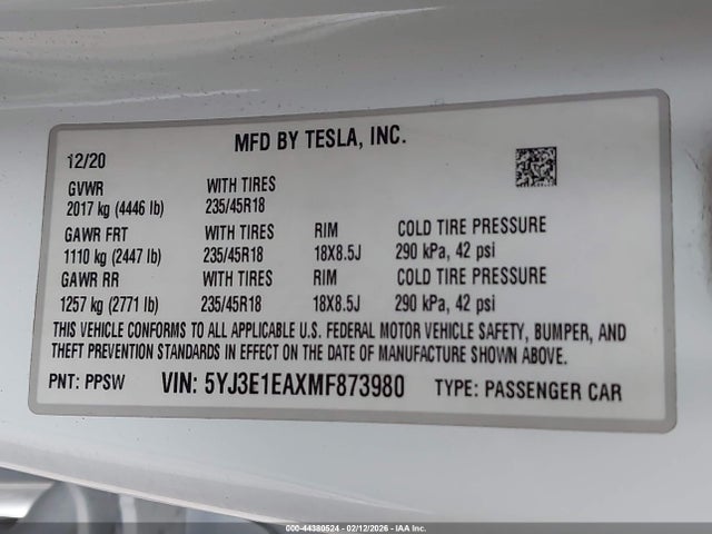 2021 TESLA MODEL 3 5YJ3E1EAXMF873980 Photo 8