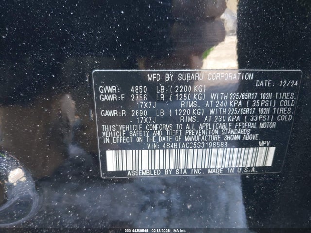Aukcja sprzedaży 2025 Subaru Outback Premium, vin: 4S4BTACC5S3198583, numer aukcji: 44380545
