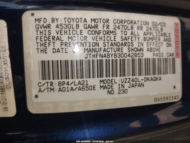 Aukcja sprzedaży 2003 Lexus Sc 430, vin: JTHFN48Y830042853, numer aukcji: 44380552