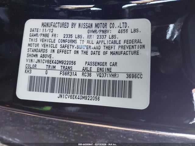 Aukcja sprzedaży 2013 Infiniti G37 Sport, vin: JN1CV6EK4DM922056, numer aukcji: 44380647