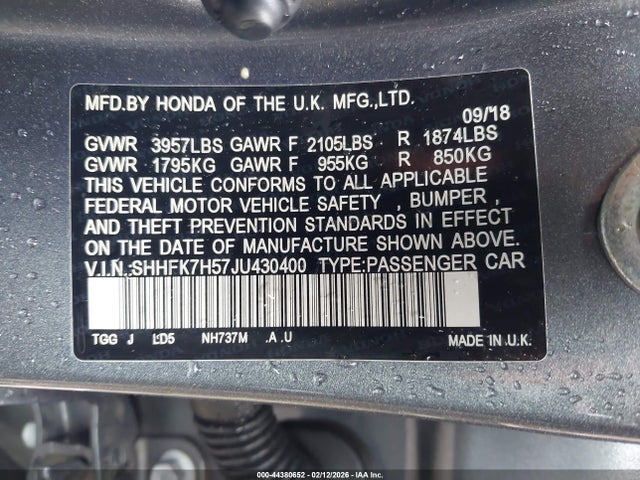 Honda CIVIC EX 2018 SHHFK7H57JU430400 Image 9