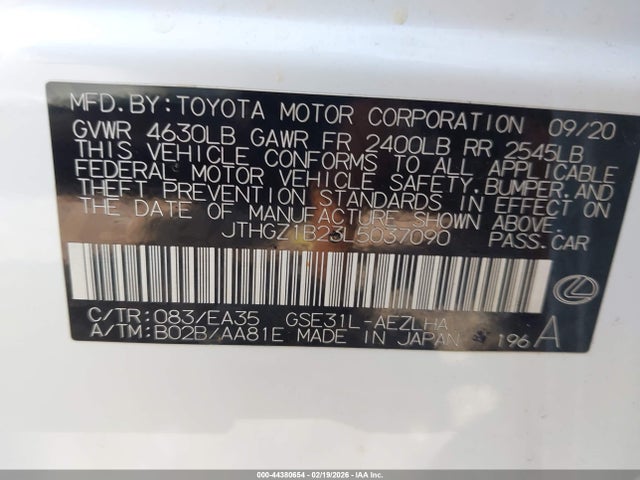 Aukcja sprzedaży 2020 Lexus Is 350, vin: JTHGZ1B23L5037090, numer aukcji: 44380654