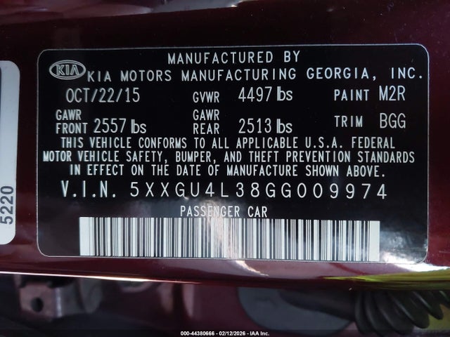 5XXGU4L38GG009974 KIA OPTIMA EX