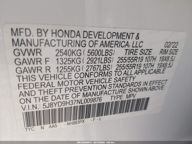 5J8YD9H37NL009876 Acura Mdx Standard