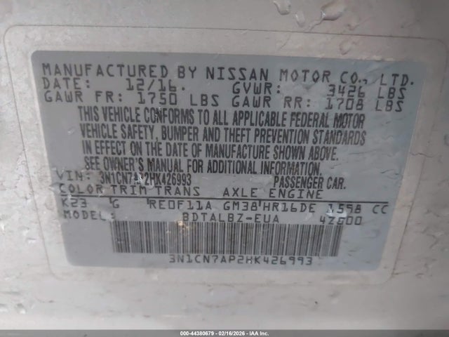3N1CN7AP2HK426993 Nissan Versa 1.6 Sv