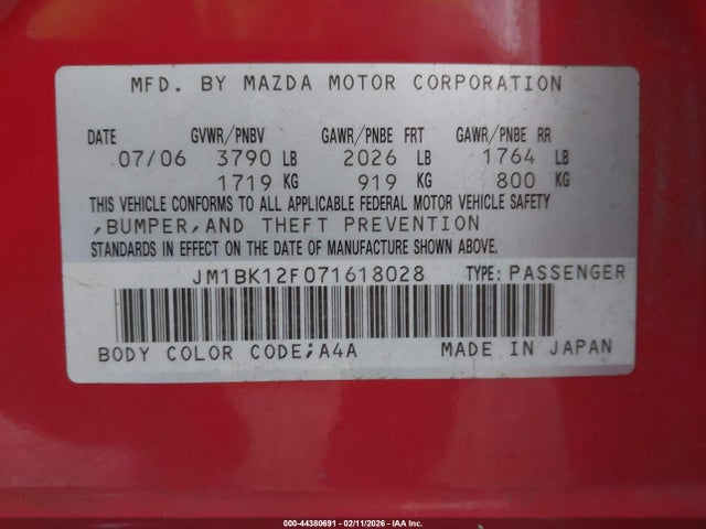 Продажа на аукционе авто 2007 Mazda Mazda3 I, vin: JM1BK12F071618028, номер лота: 44380691