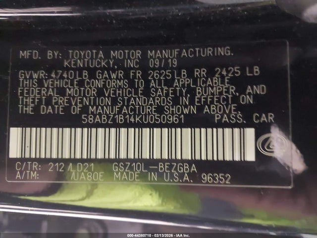 44380710 :رقم المزاد ، 58ABZ1B14KU050961 vin ، 2019 Lexus Es 350 مزاد بيع