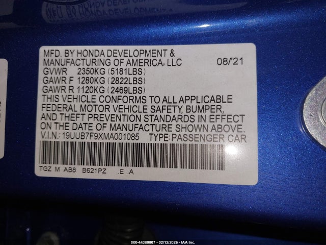 44380807 :رقم المزاد ، 19UUB7F9XMA001085 vin ، 2021 Acura Tlx Type S - Hp Wheel And Tire مزاد بيع