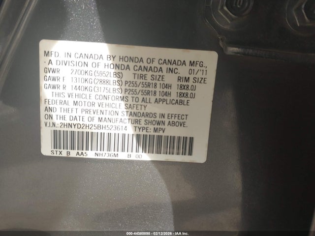 44380898 :رقم المزاد ، 2HNYD2H25BH523614 vin ، 2011 Acura Mdx مزاد بيع