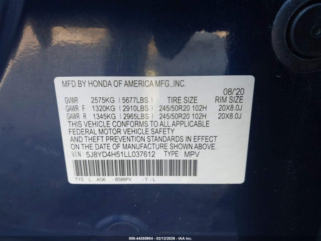 Aukcja sprzedaży 2020 Acura Mdx Technology Package, vin: 5J8YD4H51LL037612, numer aukcji: 44380904